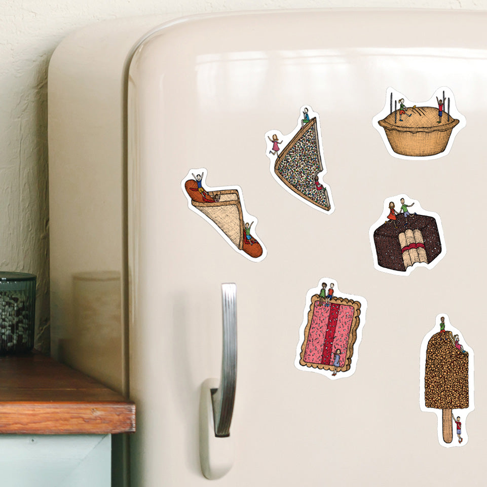 Fridge with decorative magnets a of Australian food.