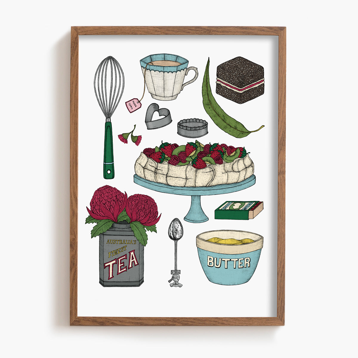 Framed artwork with Australian kitchen items including a cake, tea, and butter on a white background
