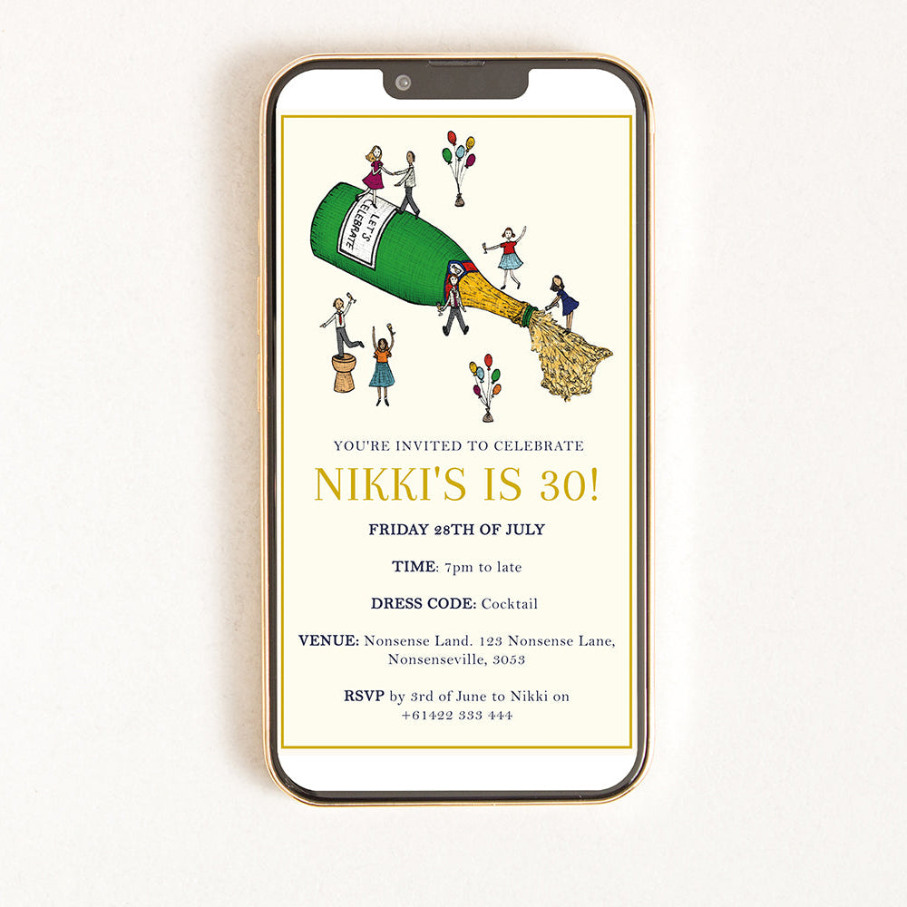 A digital invitation displayed on a smartphone with a quirky illustration of people and a champagne bottle.