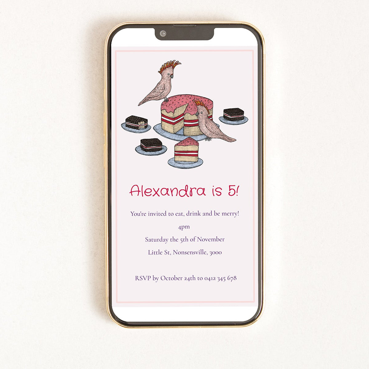 Phone displaying a birthday invitation with cake and cockatoo illustrations on a white background