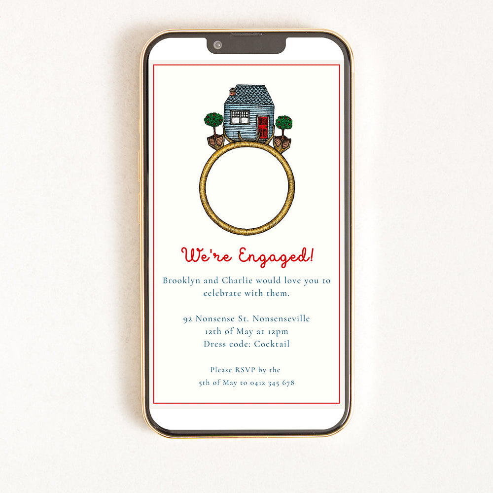 A digital invitation displayed on a smartphone with a house and a ring, indicating an engagement announcement.