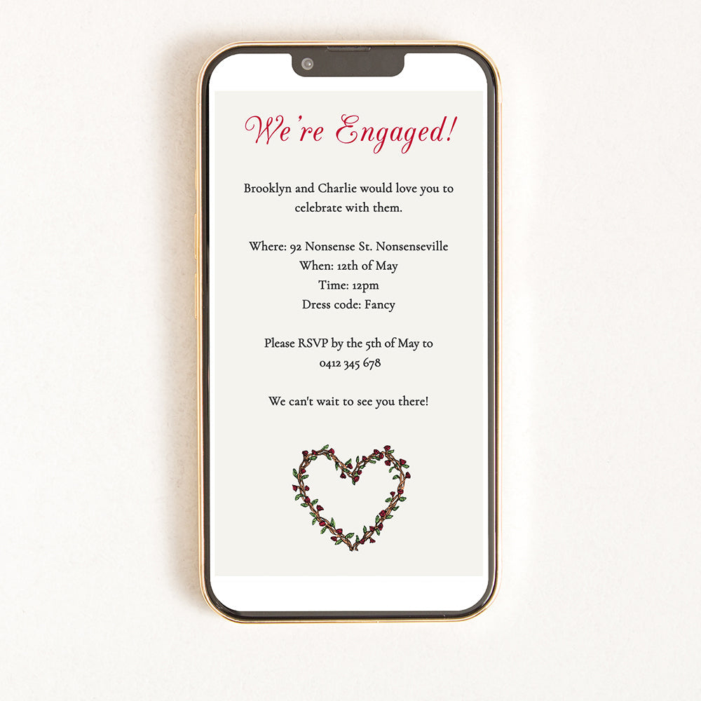 A digital invitation displayed on a smartphone with a heart illustration including details about an engagement party.
