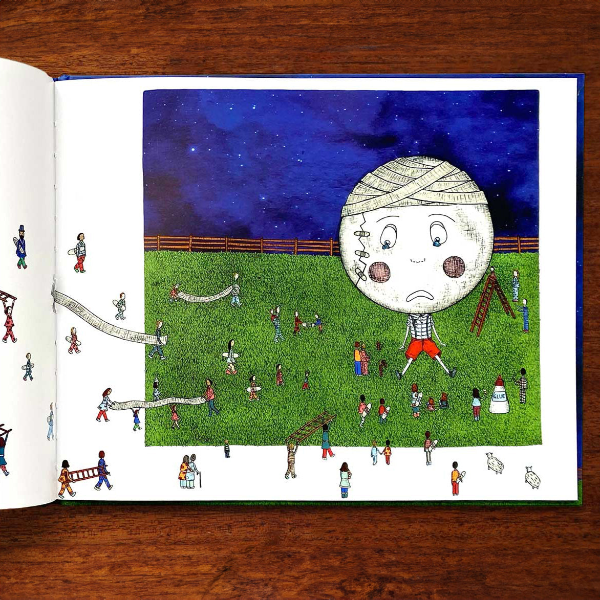 Illustration of Mr.Moor with a bandaged head in a field, surrounded by miniature people.