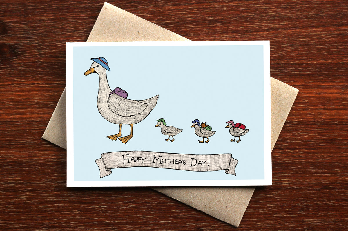 Mother Duck mum card with envelope on wooden backdrop