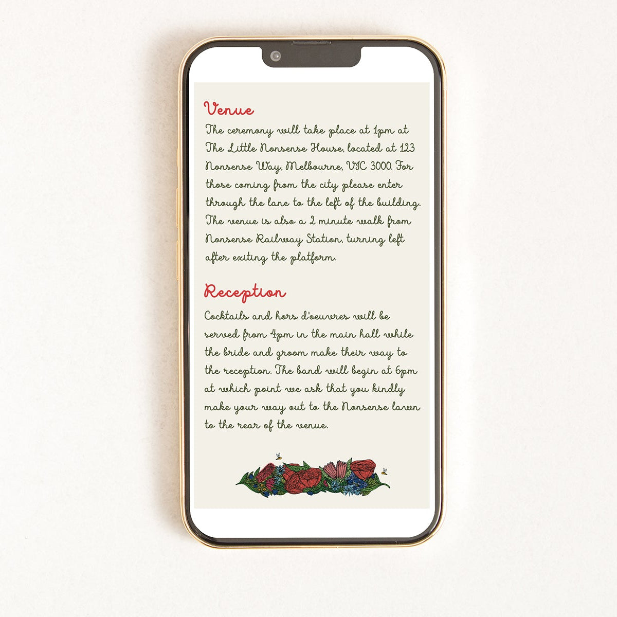 Phone screen displaying wedding ceremony details with floral design at the bottom