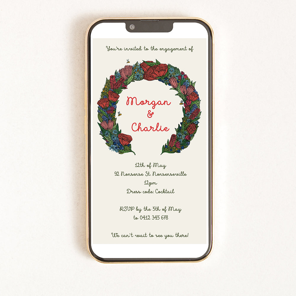 A digital engagement invitation displayed on a smartphone with a floral wreath design and customisable text fields.