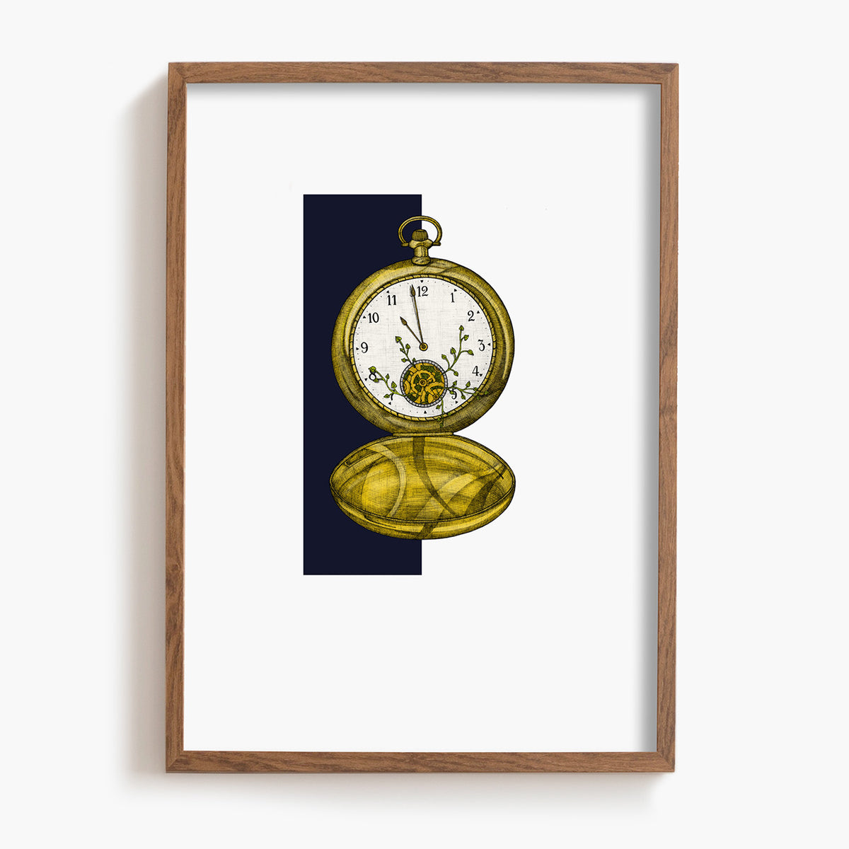 Framed artwork of a pocket watch with overgrown vines on a white background