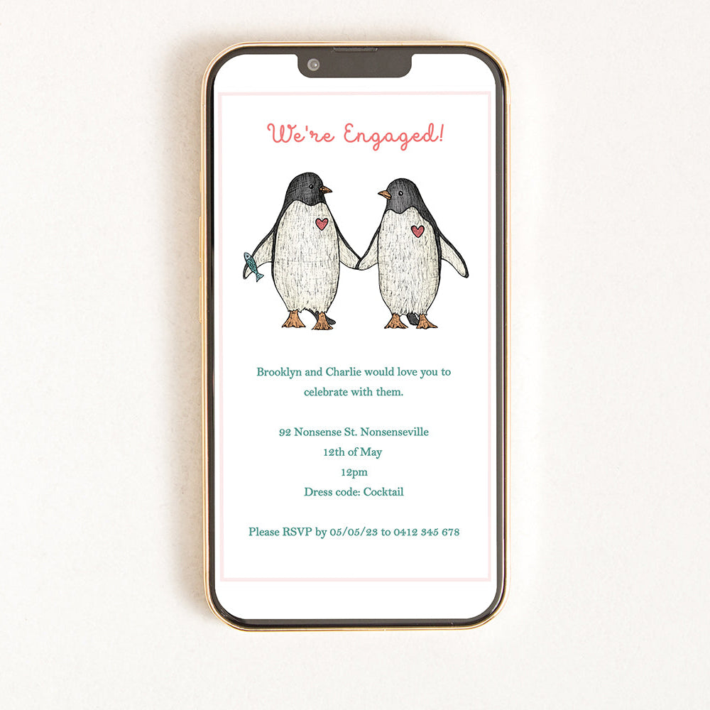 A digital invitation on a smartphone screen showing an illustration of two penguins and text that reads 'We're engaged!'
