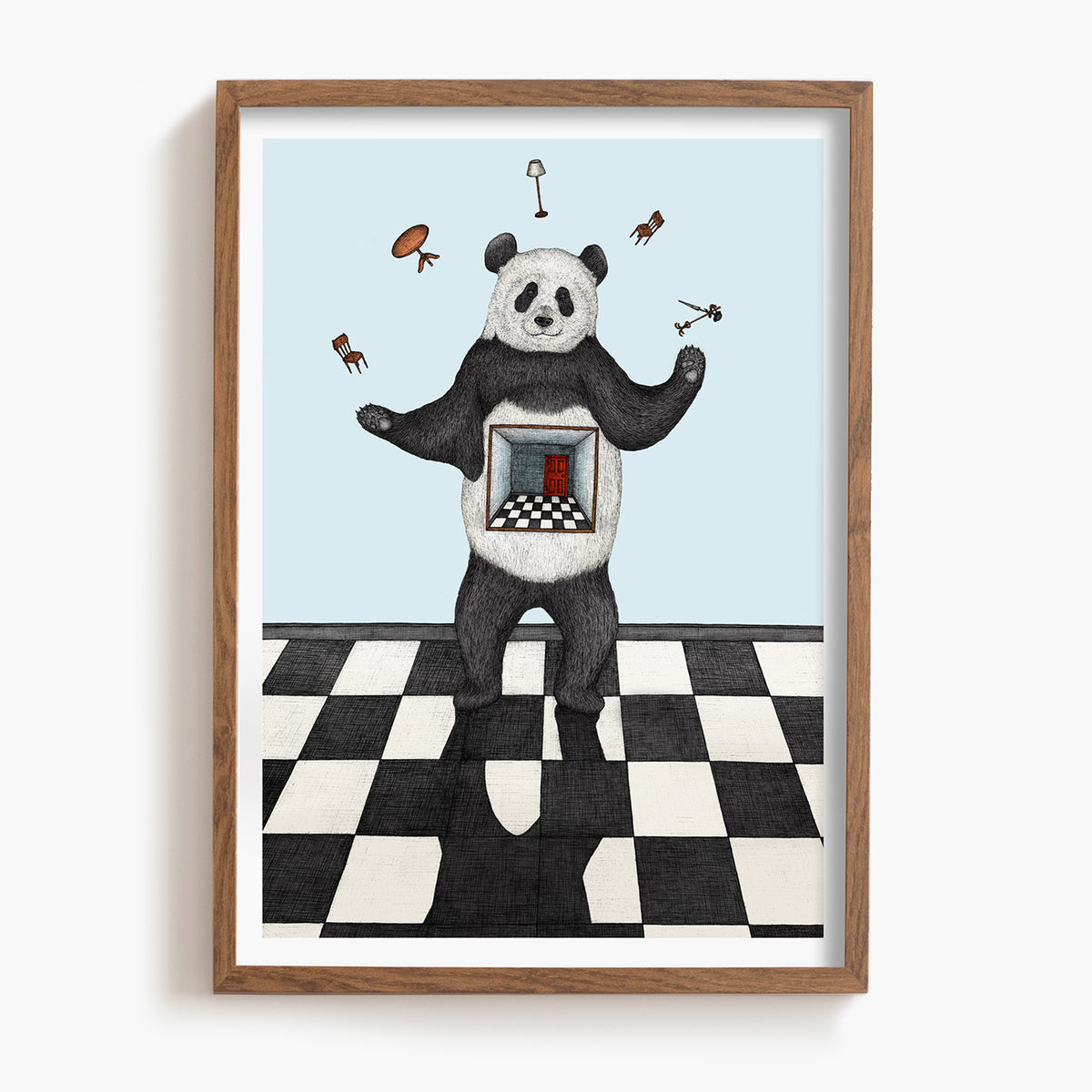 Framed artwork of a panda juggling on a checkered floor with a light blue background