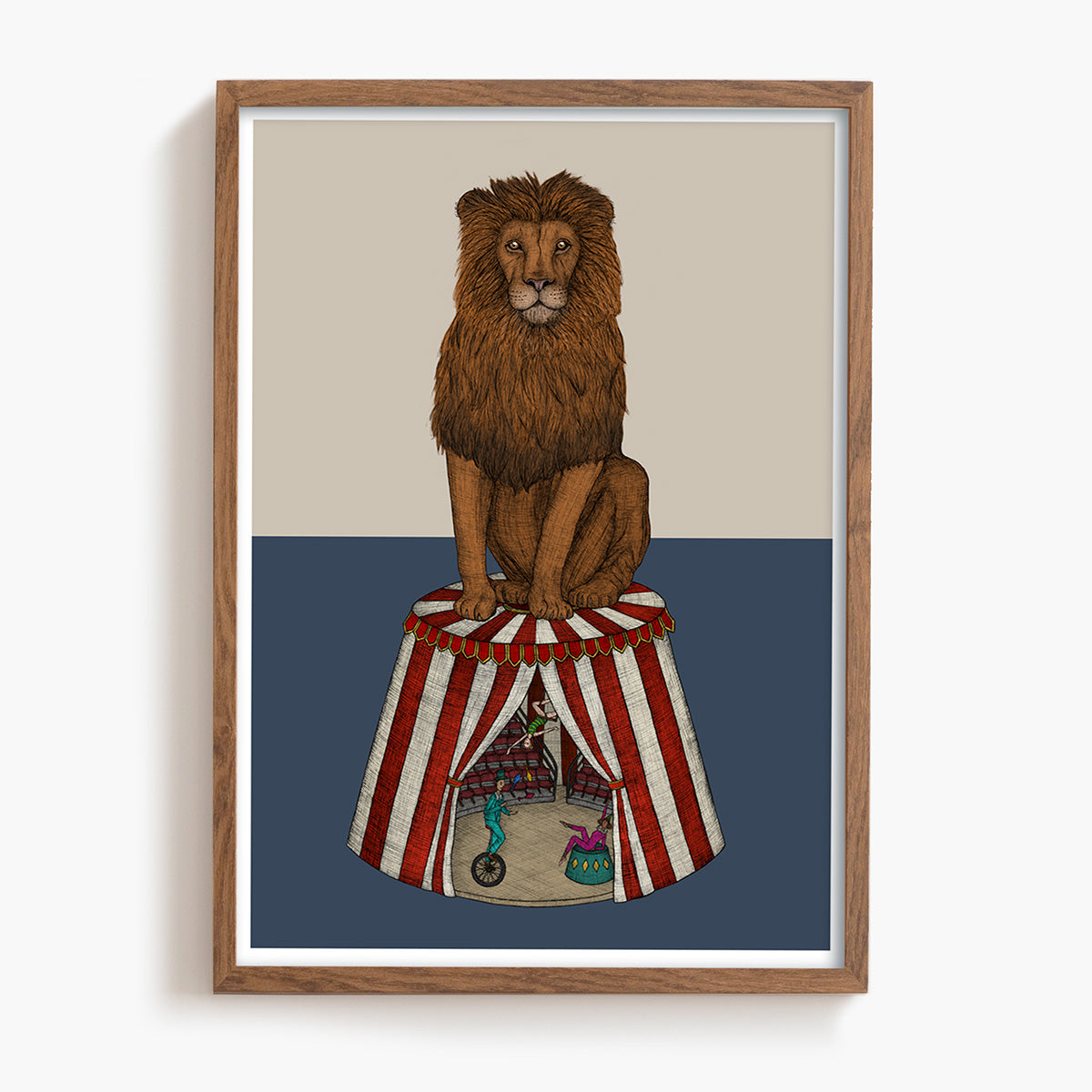 Framed artwork of a lion on a striped circus tent with acrobats inside.