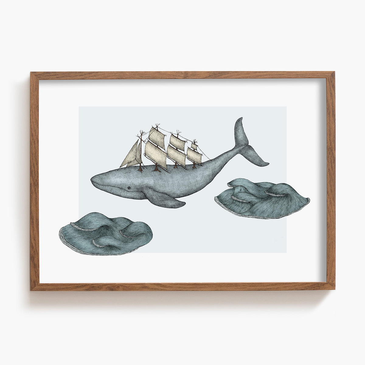 Framed artwork of a whale with a ship on its back, surrounded by clouds of water, on a white background.