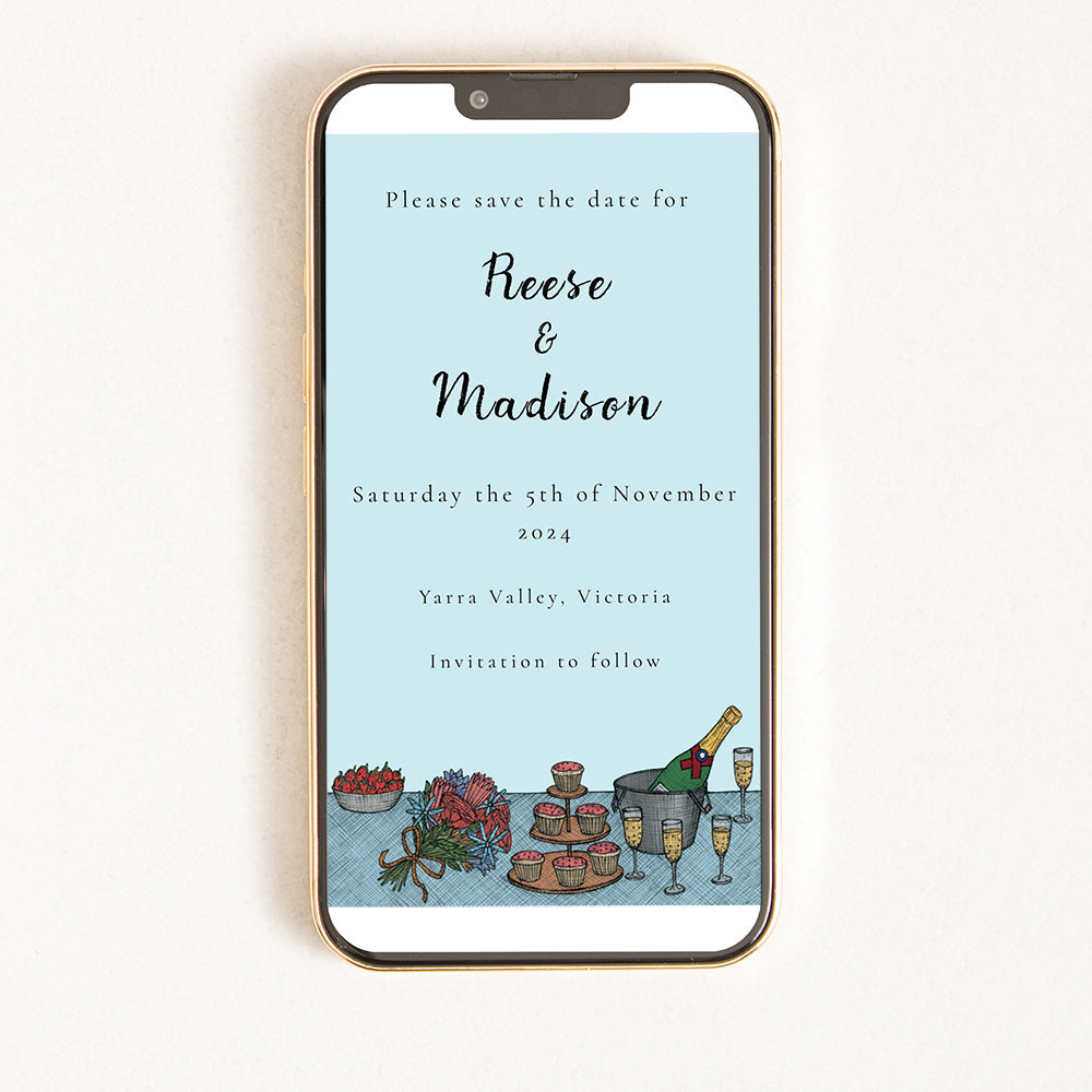 A digital invitation displayed on a smartphone with a blue background and an illustration of a cake and wine glasses.