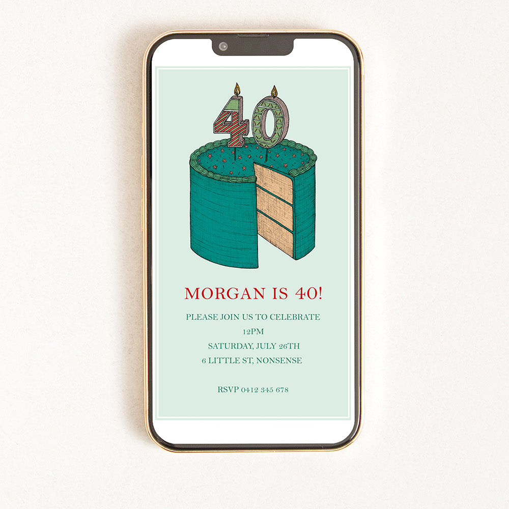 Digital invitation for a 40th birthday with an illustration of a cake