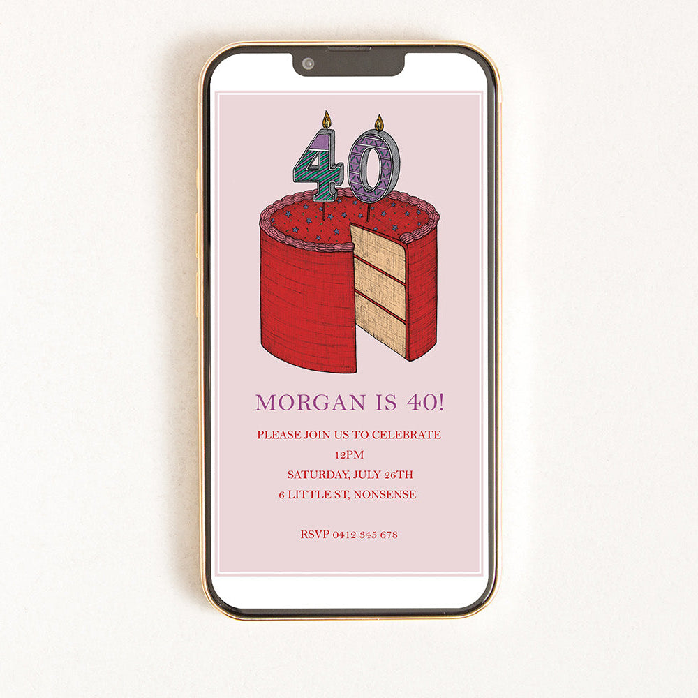 Digital invitation for a 40th birthday with an illustration of a cake