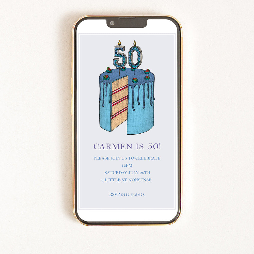 Digital invitation for a 50th birthday with an illustration of a cake