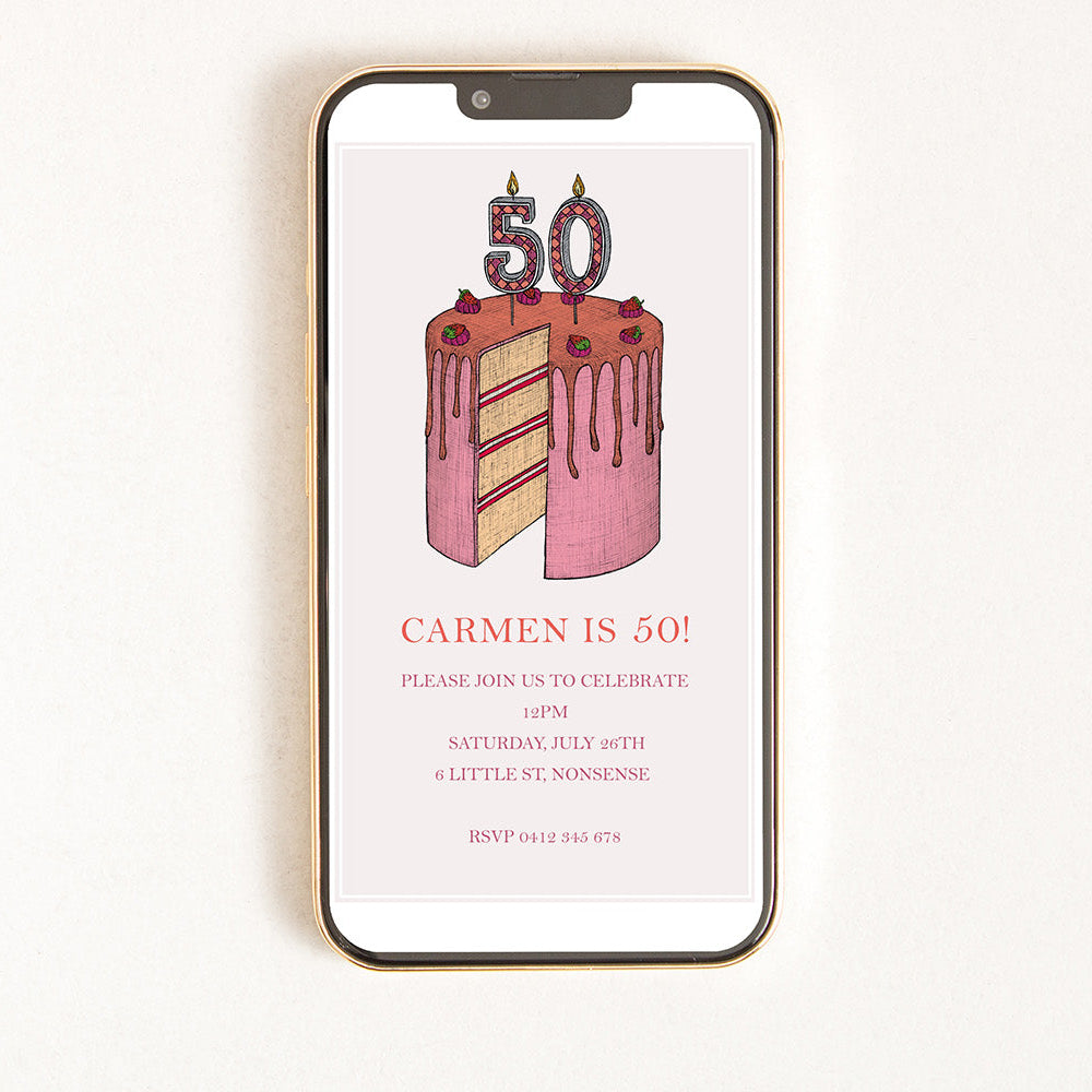 Digital invitation for a 50th birthday with an illustration of a cake