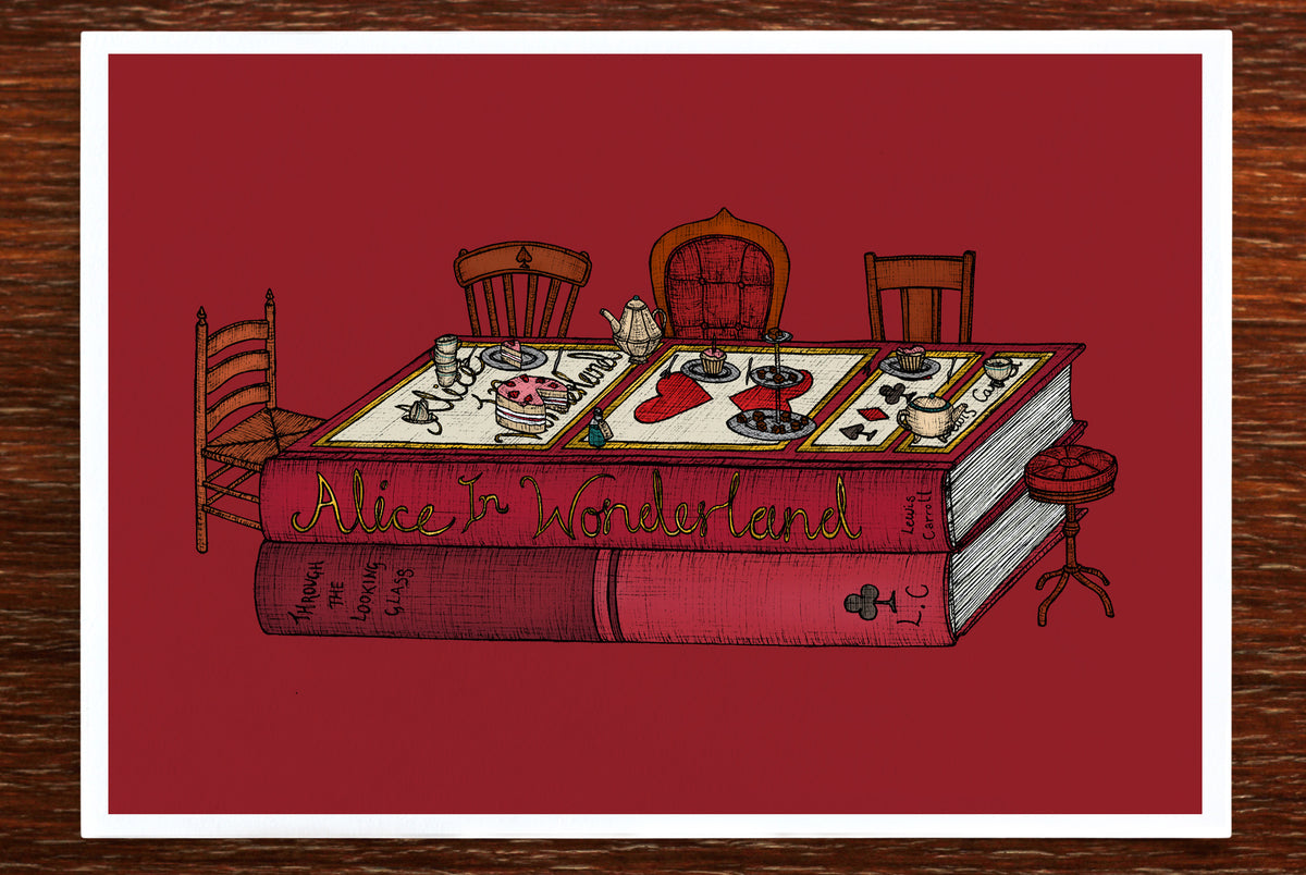 Quirky Alice in Wonderland artwork against a wooden backdrop
