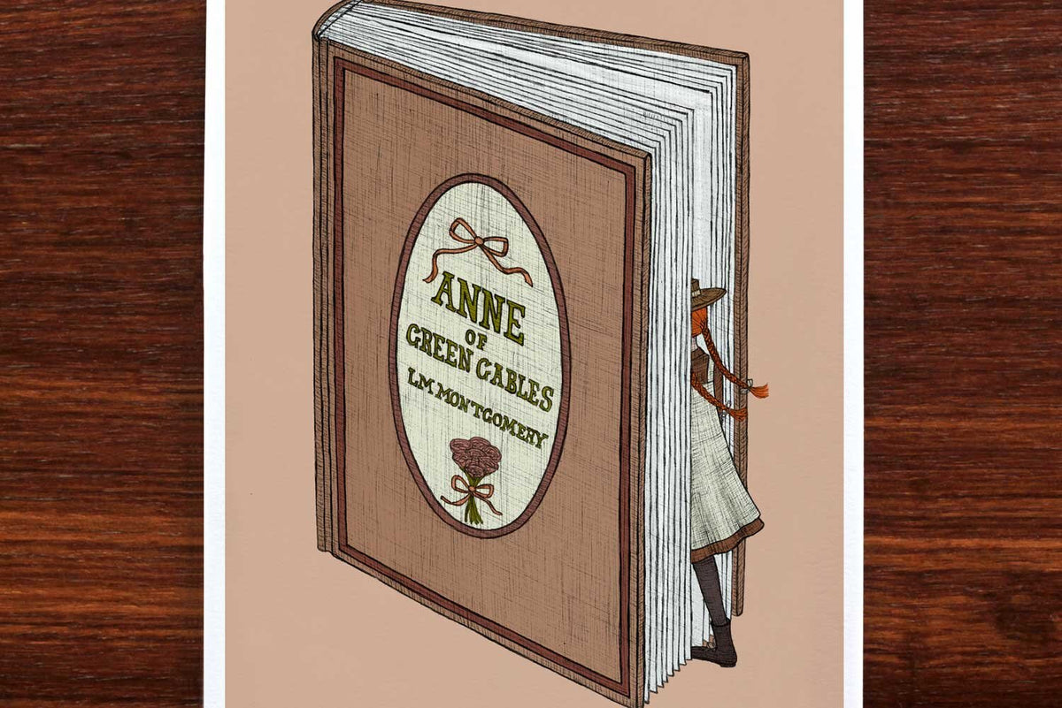 Anne of Green Gables illustration on a wooden backdrop