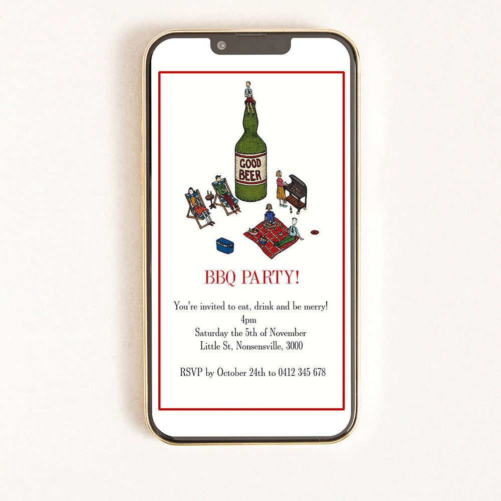 A digital invitation for a BBQ party displayed on a smartphone, with a red background and illustrations of a beer a grill, food, and people.
