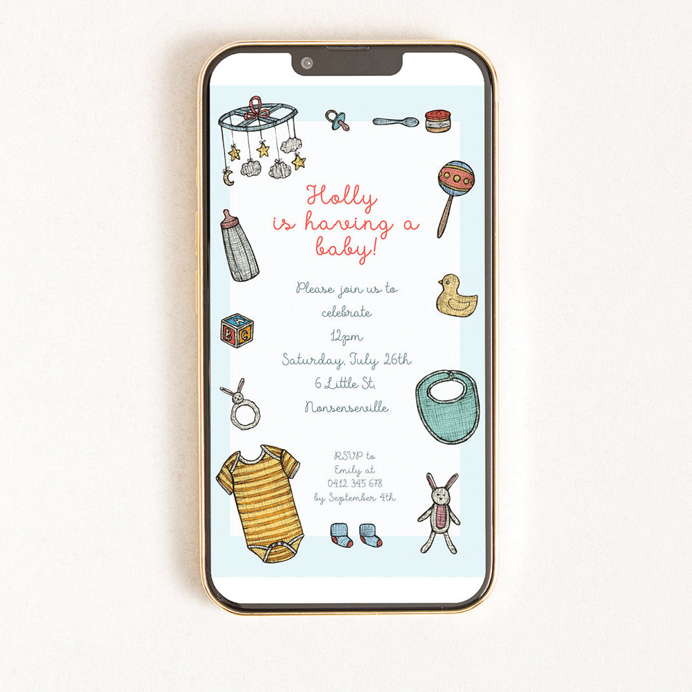 Digital invitation for a baby shower featuring illustrations of cute baby objects.