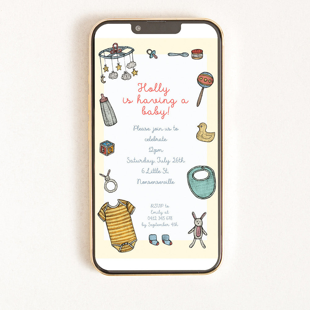 Digital invitation for a baby shower featuring illustrations of cute baby objects.
