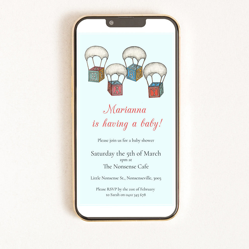 A digital invitation displayed on a smartphone with an illustration of parachutes.