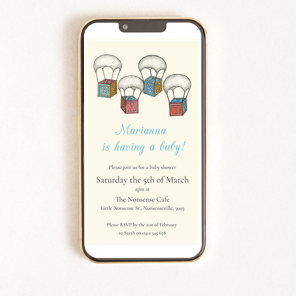 Digital invitation for a baby shower with an illustration of parachutes and baby blocks