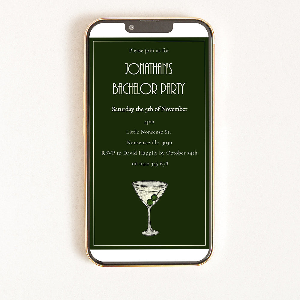 Digital invitation of a bachelor party with an illustration of a martini