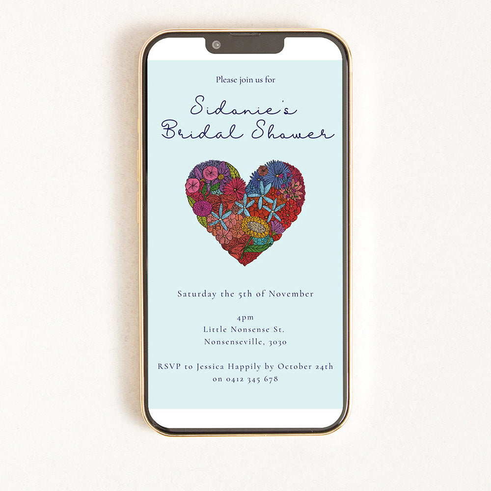 A digital bridal invitation with an illustration of a floral heart.