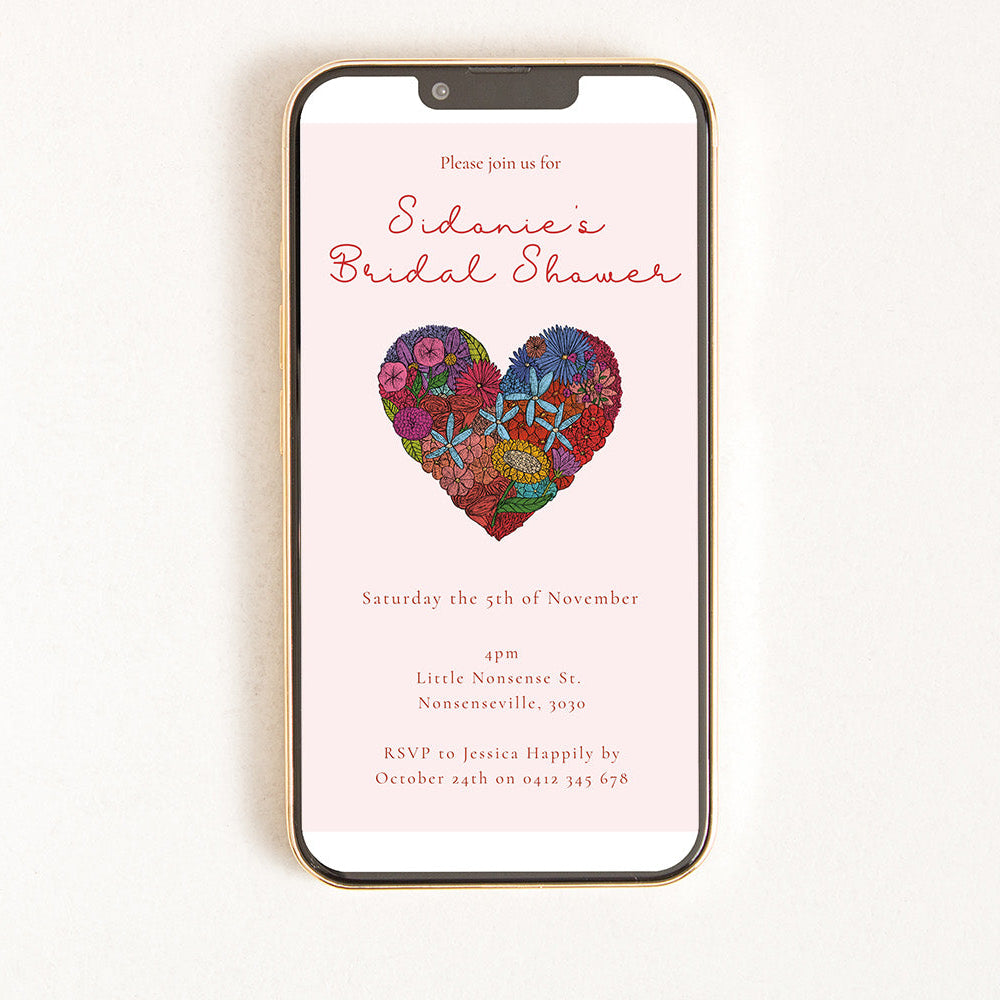 A digital invitation displayed on a smartphone with a heart-shaped illustration and text that reads 'Bridal Shower invitation for November 2023'.