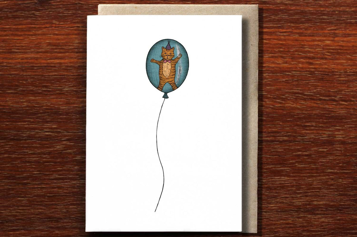 Cat in a Balloon - Happy Birthday Card