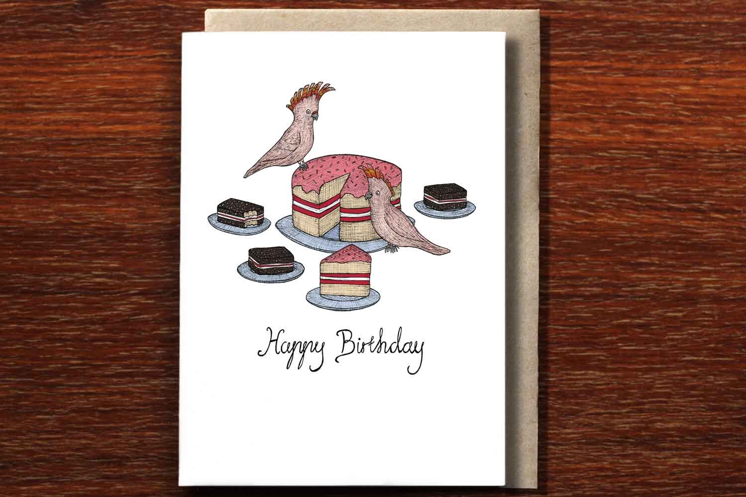 Cockatoos and Cake - Australian Birthday Card