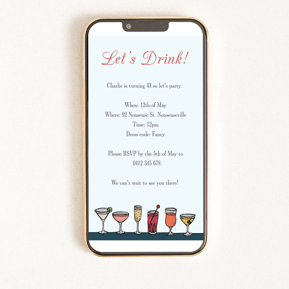A digital invitation on a smartphone screen displaying a cocktail party invite with a blue colour scheme, including text and illustrations of cocktail glasses.