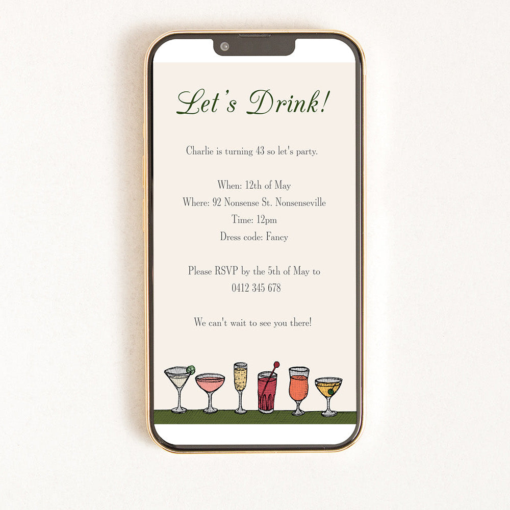 Digital invitation for a cocktail party with illustrations of cocktails and a beige and olive colour scheme.