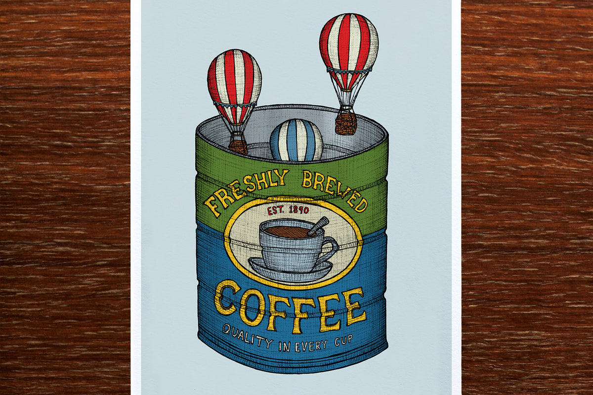 Coffee tin art print on a wooden backdrop
