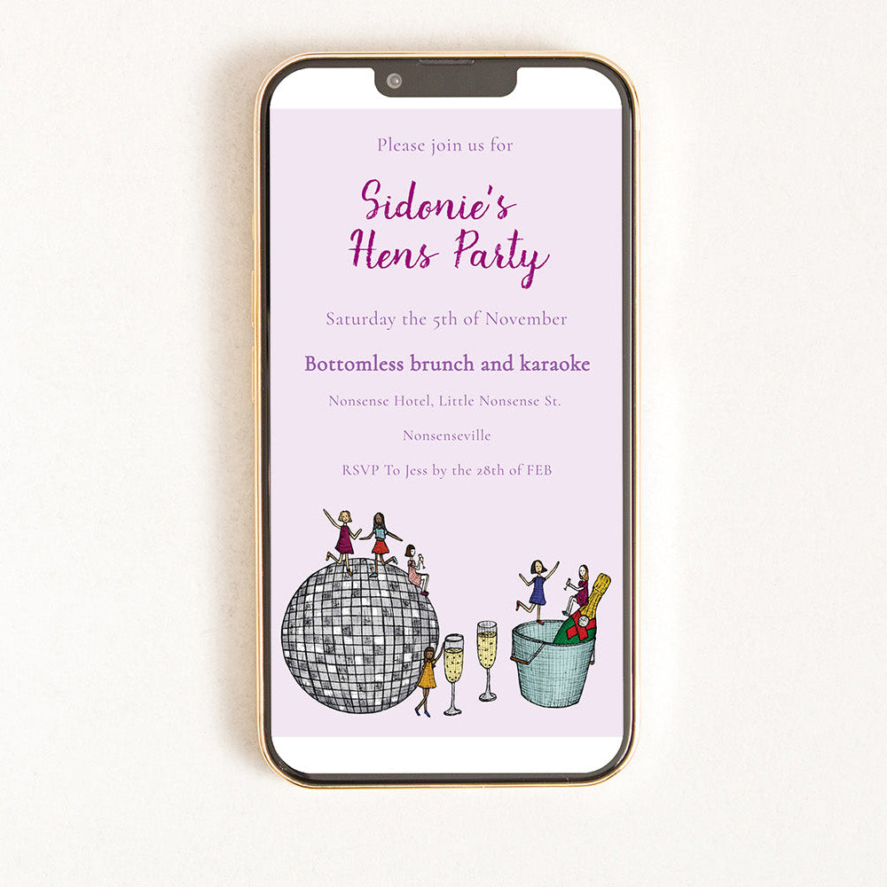Digital hens party invitation with a disco illustration