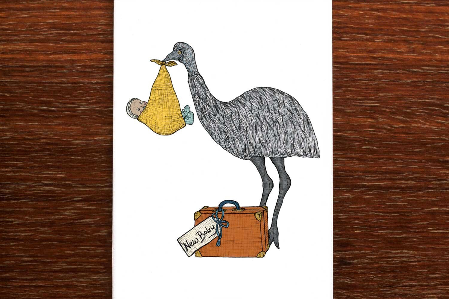 Emu with a Baby - Card for Newborn