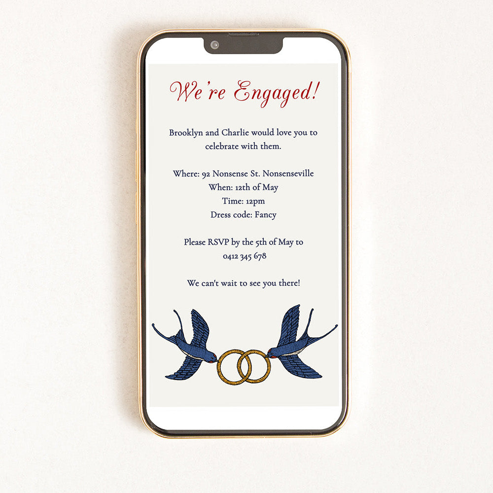 A digital engagement invitation displayed on a smartphone screen with a blue and gold design and the text 'We're Engaged!' with illustrations of swallows