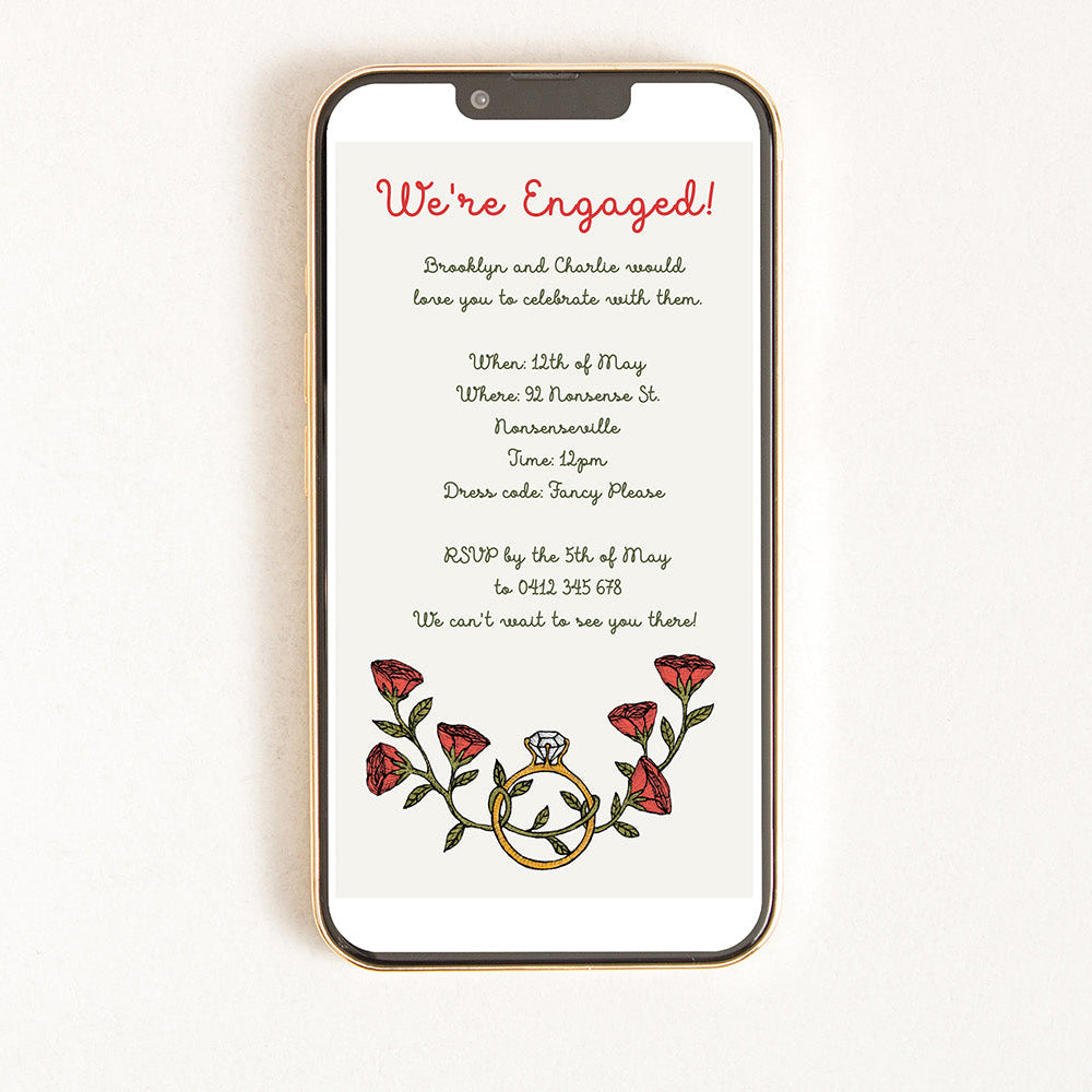 Digital engagement invitation with an engagement ring and roses