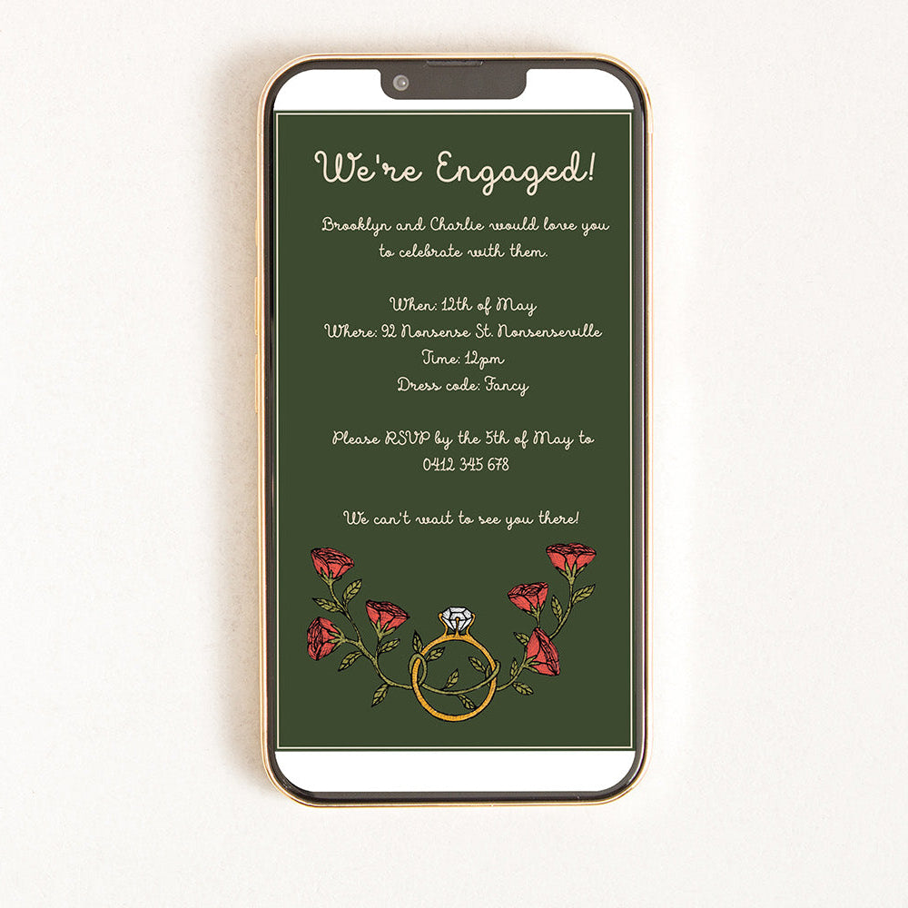 Digital invitation of an engagement ring surounded by roses on an olive coloured background