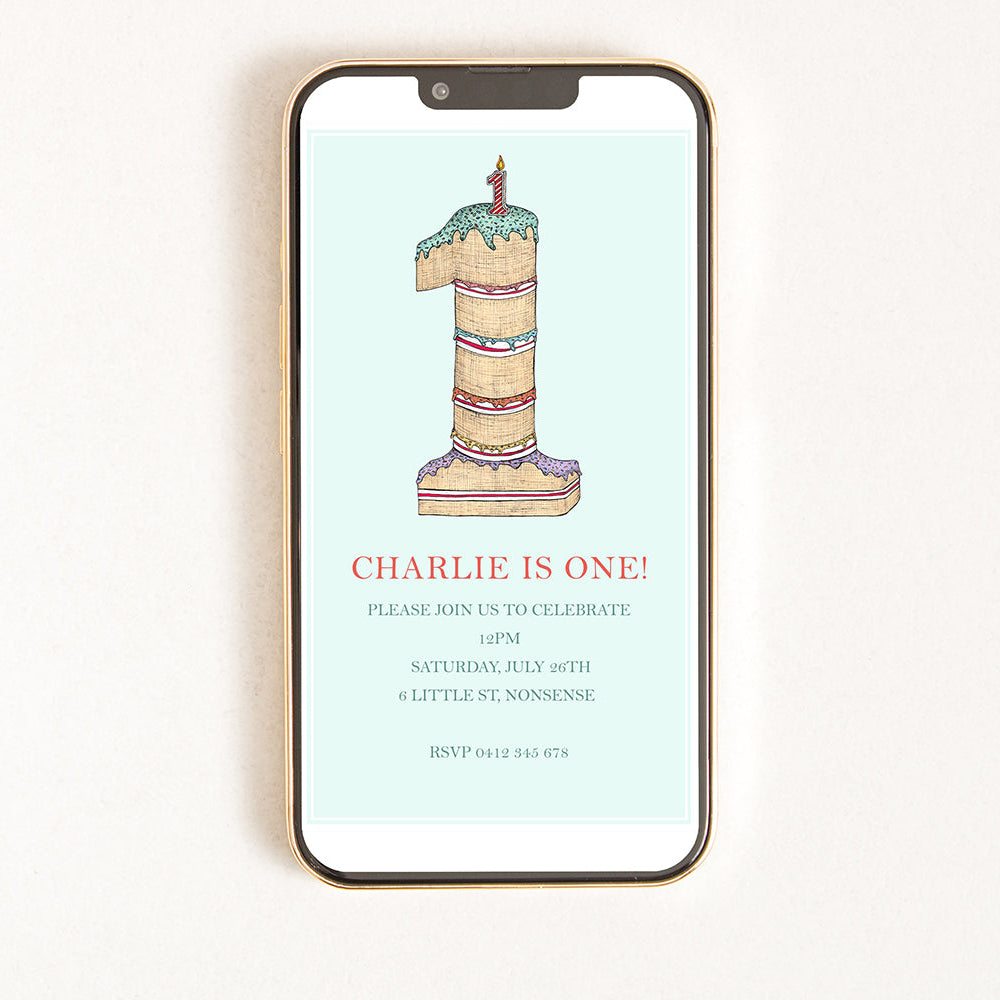 A digital invitation on a smartphone screen featuring a colourful illustration of a number one shaped birthday cake