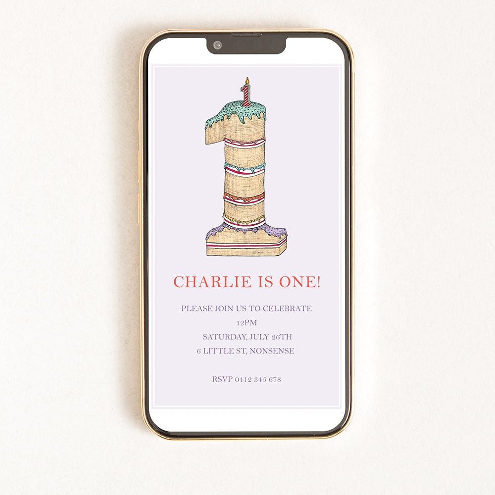A digital invitation on a smartphone screen featuring a colourful illustration of a number one shaped birthday cake