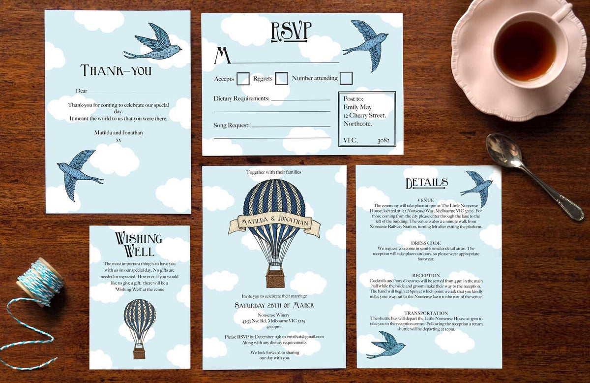 Birds & Balloons - Wedding Invitation Complete Set