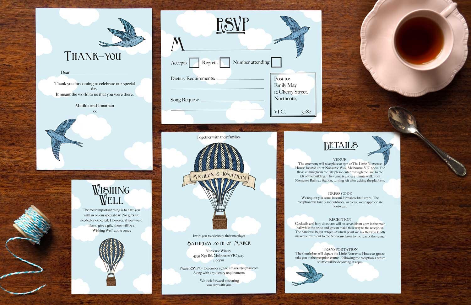 Birds &amp; Balloons - Wedding Invitation Complete Set