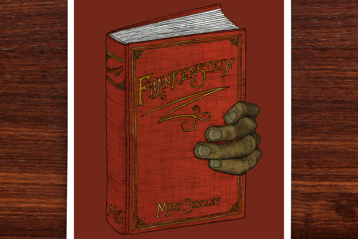 Frankenstein A5 artwork on a wooden background.