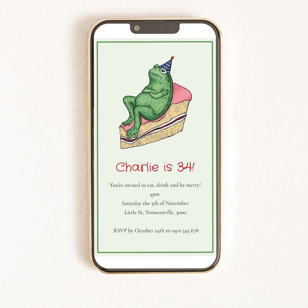 A digital invitation on a smartphone screen featuring an illustration of a frog sitting in a cake.