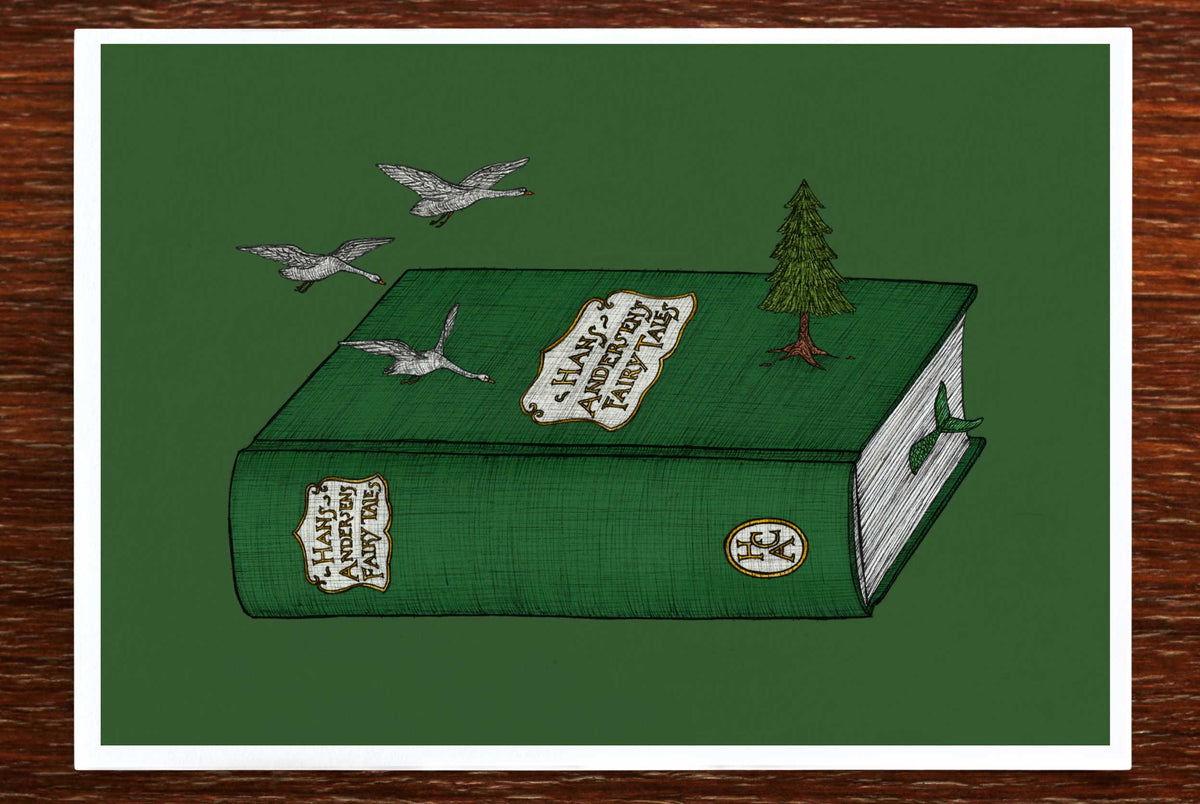 Hans Christian Andersen artwork on a wooden backdrop