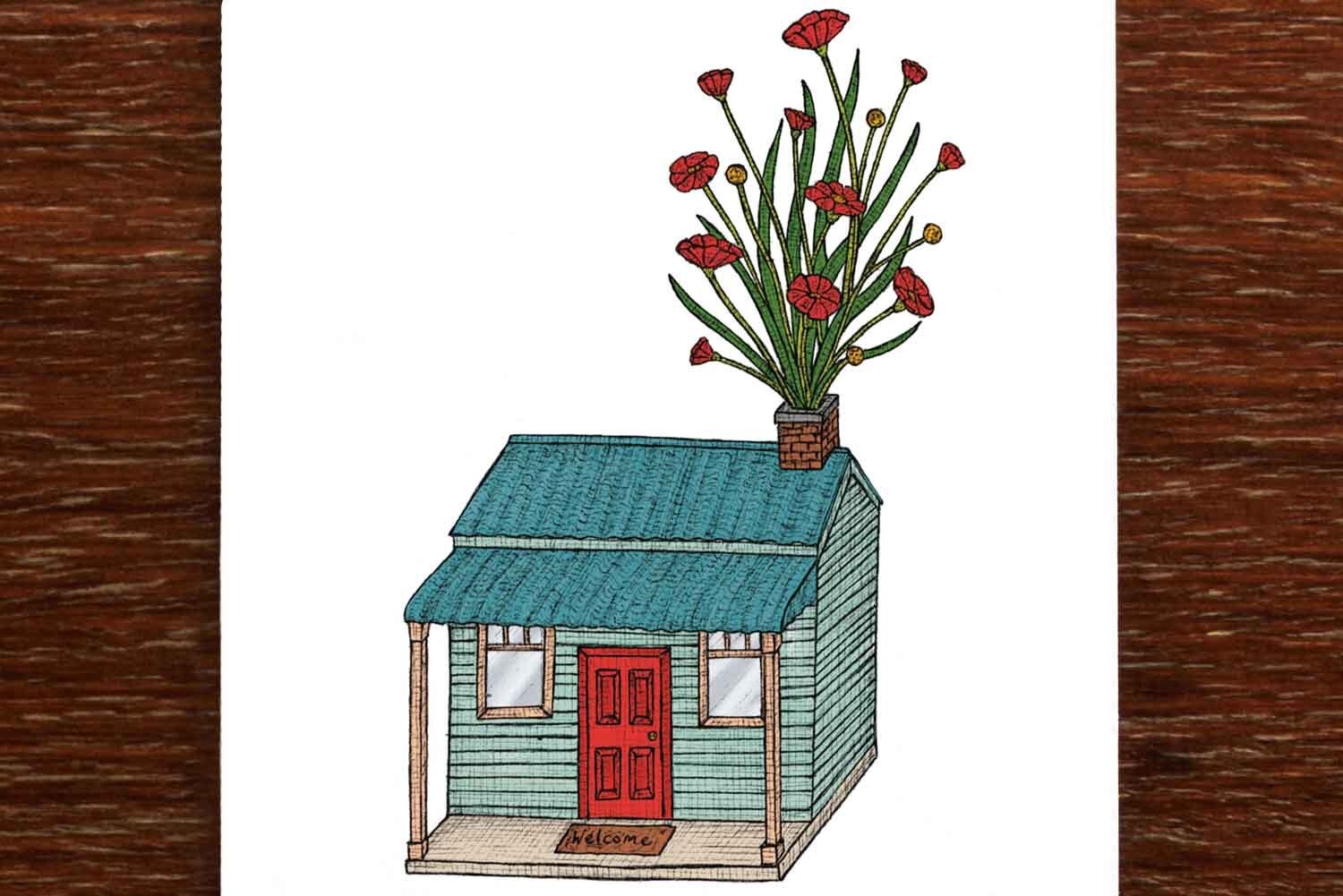 House with Flowers - Greeting Card