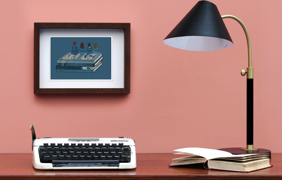 Little Women artwork framed against a pink wall.