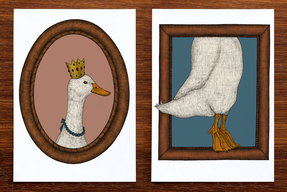Pearl the duck art prints head and body side by side